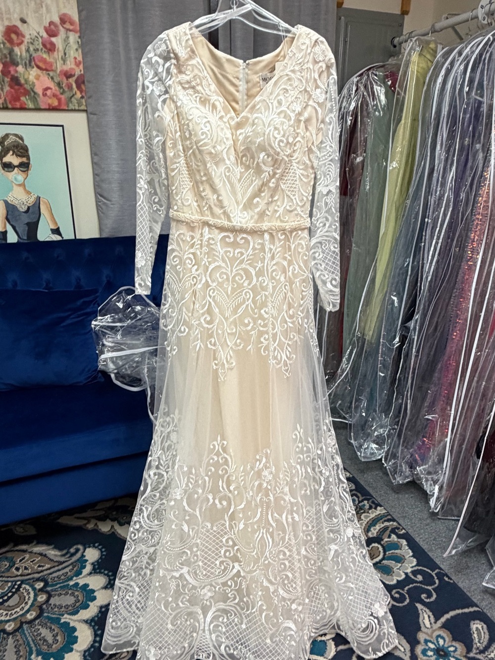 Modest by Mon Cheri Ivory/Champagne Lace Wedding Dress – Size 6/8